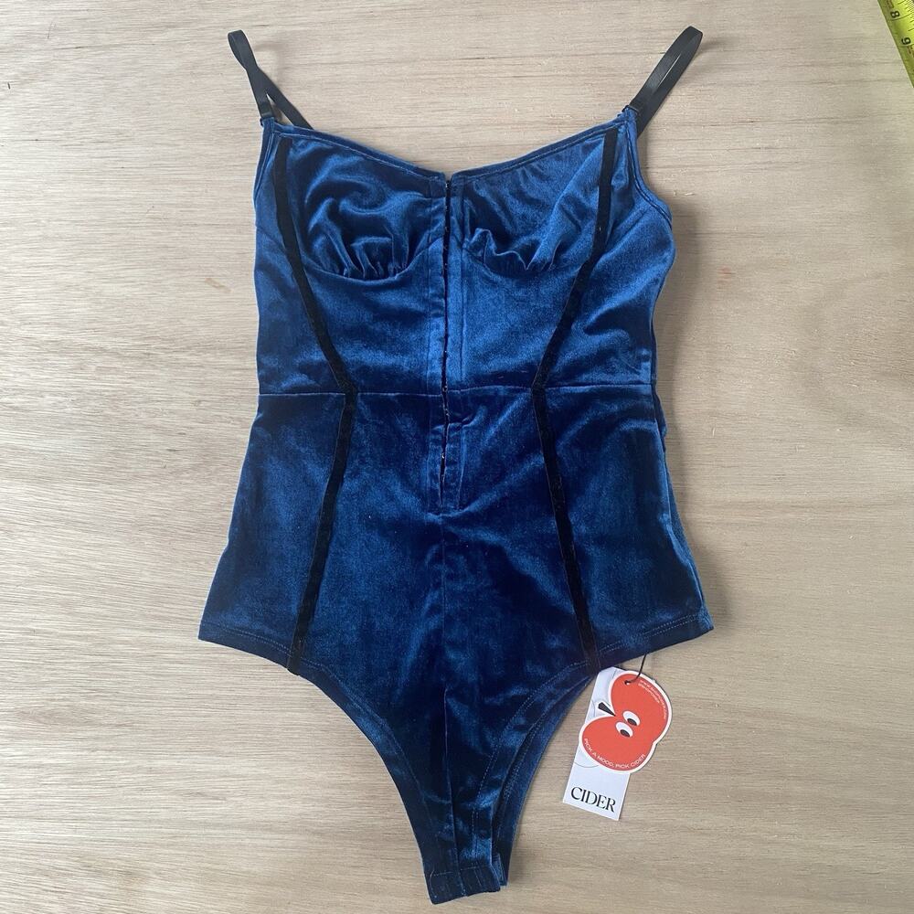CIDER Blue Velvet Bodysuit with Black Velvet Details & Adjustable Straps Size S